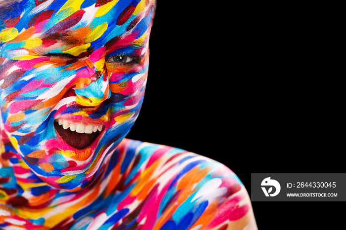 Portrait of the bright beautiful girl with art colorful make-up and bodyart