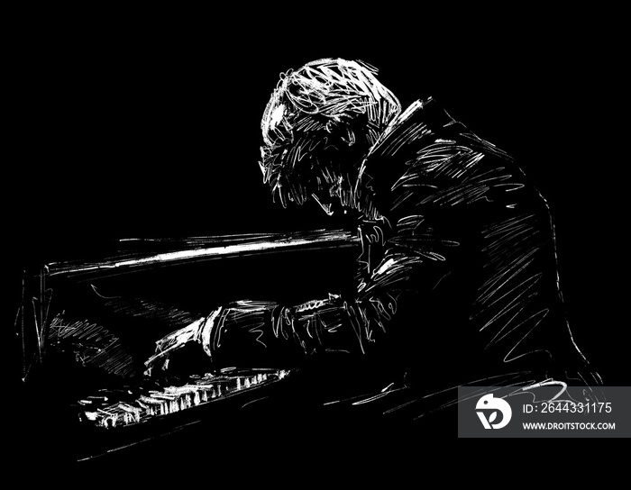 Drawing of the classical musician plays piano hand draw