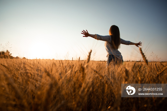 Peaceful woman wellcoming the rising sun in field