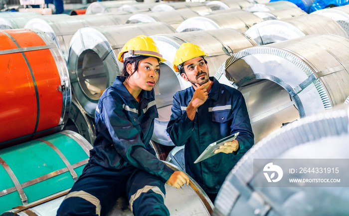 Professional two labor machanic engineer technician worker industrial man and woman wearing safety uniform working control with heavy machine in manufacturing  factory production line