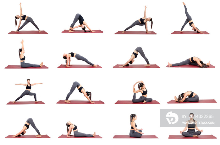 collection set of young asian woman in sportswear practicing yoga on the mat in different poses isolated on white background, exercise fitness, sport training and healthy lifestyle concept