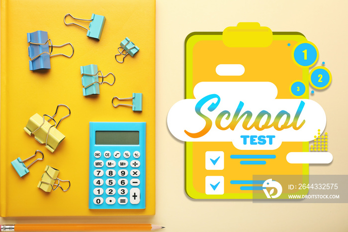 Text  School test  and modern stationery on color background