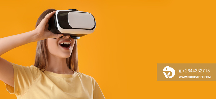 Young woman with virtual reality glasses on yellow background with space for text