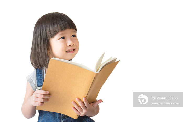 Cute asian toddler girl reading a book isolated on white background with clipping mask, Education home school and back to school concept