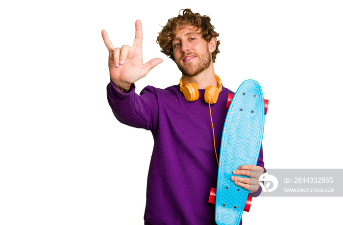 Young skater caucasian man isolated on white background