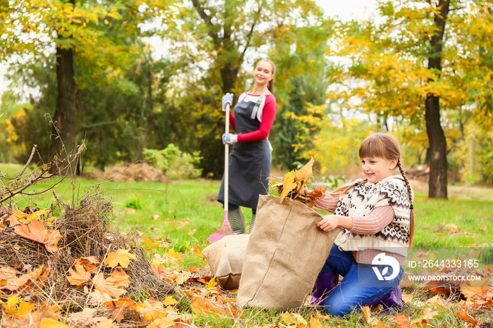 Mother and daughter cleaning up autumn leaves outdoors