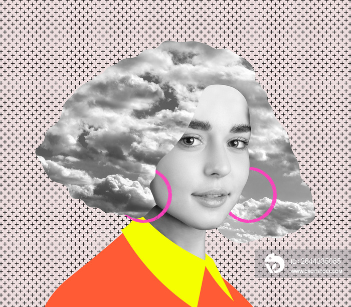 Contemporary art collage. Young woman with drawn cloth elements and hair in image of clouds isolated over textured background