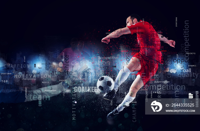 Football scene of a soccer player in action. Text effect in overlay with the most used terms. Abstract background