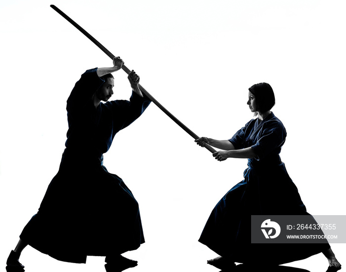 caucasian man and woman practicing laido Katori Shinto ryu isolated shadow silhouette on white background