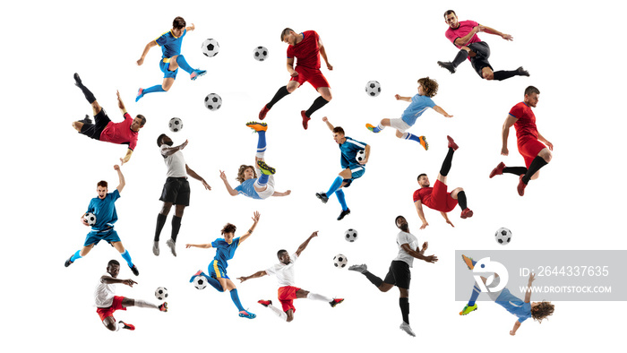 Collage made of professional football soccer players with ball in motion, action isolated on white studio background.