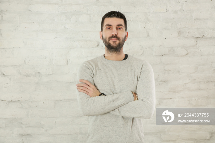 Portrait of handsome bearded man in a grey pullover