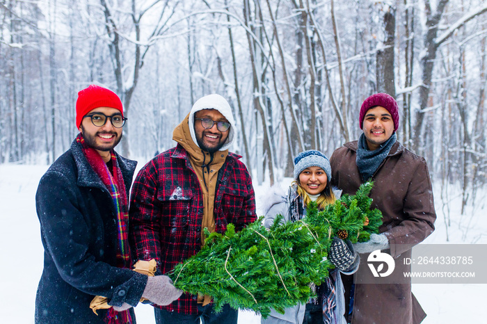 Outdoor lifestyle portrait of four best friends carrying the tree to home