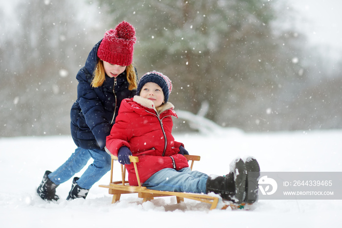 Two funny little girls having fun with a sleigh in beautiful winter park. Cute children playing in a snow.