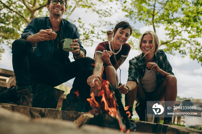 Friends camping in the countryside toasting food on bonfire.