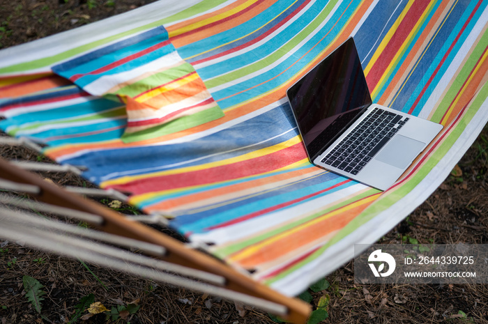 Laptop on a striped hammock. Freelancer remote work concept.