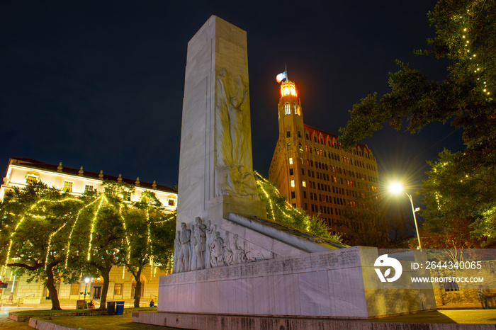 Alamo Cenotaph Monument on Alamo Plaza at night in San Antonio, Texas, USA.