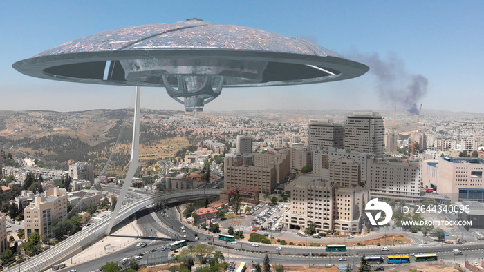 Alien ufo Invasion Saucers over Large City,Jerusalem 3d Illustration Jerusalem, Israel, Drone view with visual effect Elements