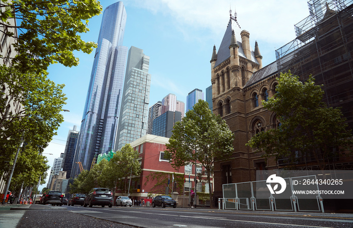 Melbourne urban street view with traditional and modern buildings background .