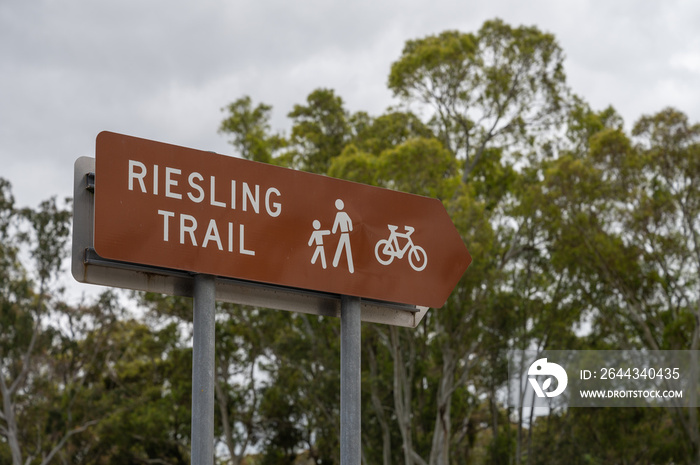 Riesling Trail Shared Walking and Cycling Path in Clare Valley, South Australia. Tourist destination road sign