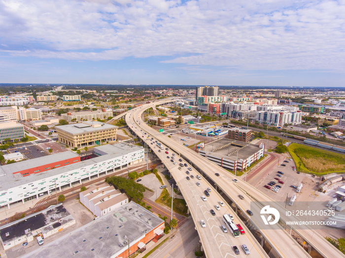 Aerial view of Florida Route 618 Selmon Expressway in downtown Tampa, Florida FL, USA.