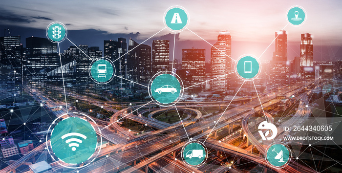 Smart transport technology concept for future car traffic on road . Virtual intelligent system makes digital information analysis to connect data of vehicle on city street . Futuristic innovation .