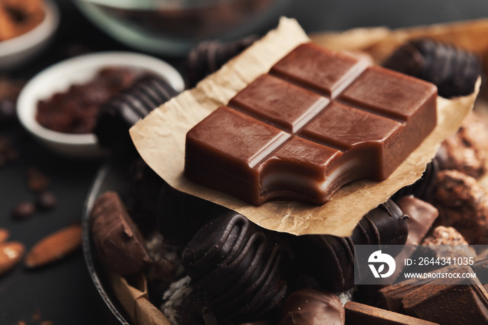 Variety of chocolate candies in old fashioned bowl