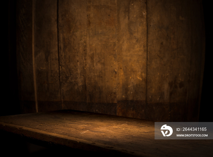 background of barrel and worn old table of wood