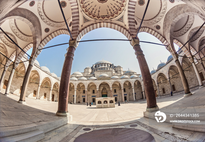 Wide angle fisheye exterior shot of an inner court yard of the biggest Suleymaniye mosque in Istanbul