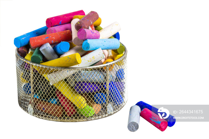 Cutout of an isolated set of colorful old and used oil pastels in an old basket for art with the transparent png