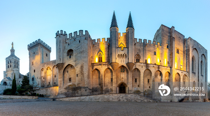 Avignon. Provence. Panorama of the papal palace at night.