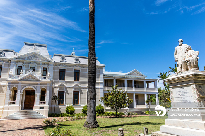 Facade of the main building of the Faculty of Theology and a statue of Murray and Hofmeyr of the Stellenbosch University in Stellenbosch,  Western Cape, South Africa, Africa