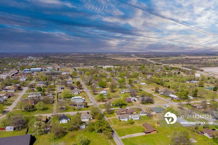 Aerial view panorama of a Stroud small town city of residential district at suburban development with an Oklahoma USA