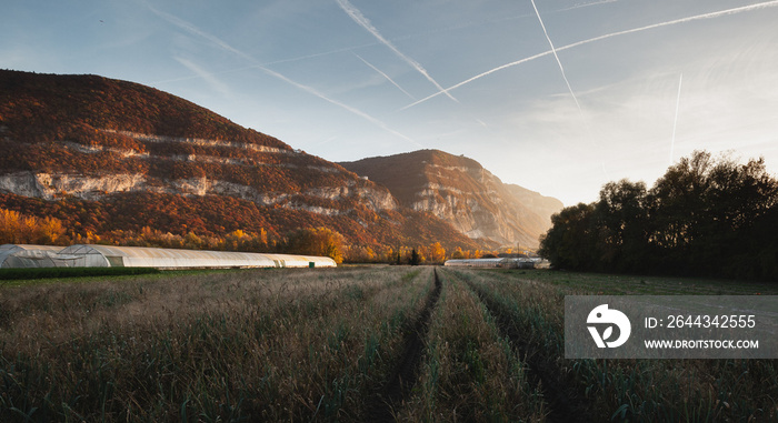 Autumnal sunset capture of the glowing cliffs of Mont Salève. Haute-Savoie, France