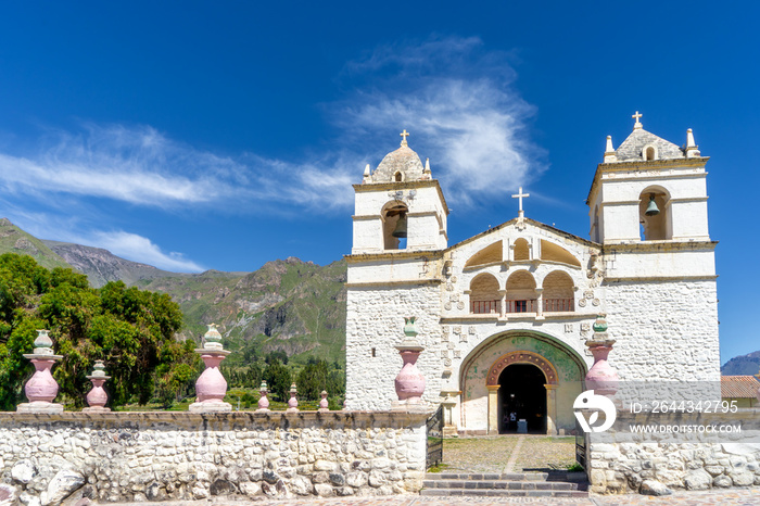 Peru, white church in the small village of Yanque in the Colca Canyon