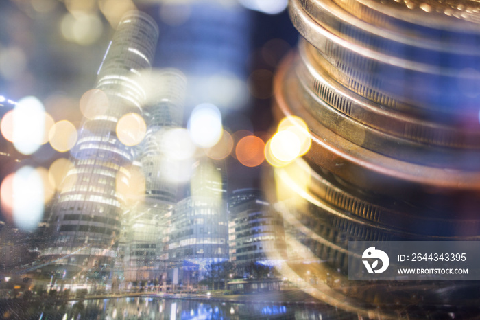 Finance, banking concept. Euro coins, us dollar banknote close-up. Abstract image of Financial system with selective focus, toned, double exposure