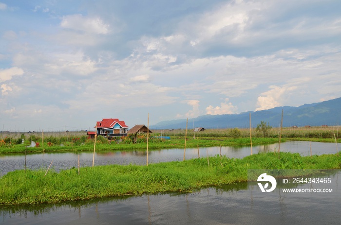 Traditional stilt house in the floating gardens at Inle Lake Myanmar