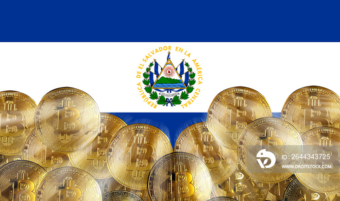 Holds a physical version of Bitcoin and the flag of El Salvador. Conceptual diagram of El Salvador’s cryptocurrency and blockchain technology. Double exposure creative bitcoin symbol hologram.