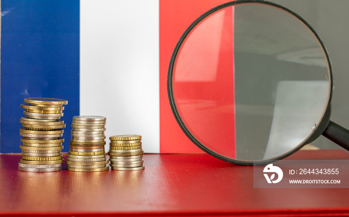 Magnifying glass and coins in front of France flag, country economy concept