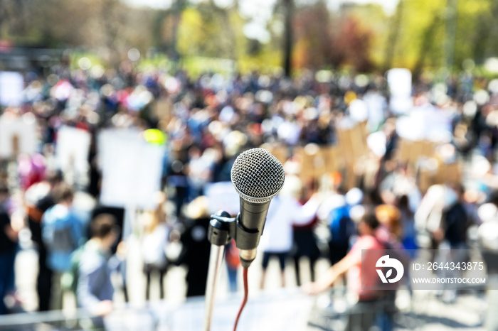 Social justice protest, human rights demonstration or pension reform strike