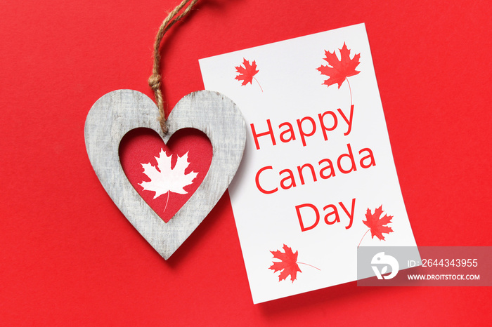 Happy Canada Day greeting card. Wooden Heart, blank, Copy space