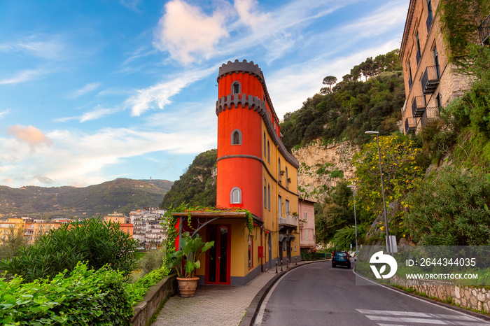 Streets in a touristic town, Sorrento, Italy. Cloudy Sunny Sunset Sky