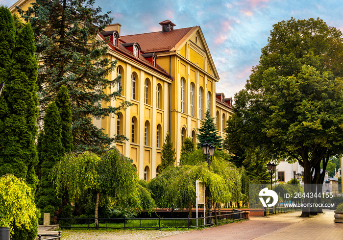 Historic building of first primary school of Julian Rydzykowski at 31 Stycznia street in old town quarter of Chojnice in Poland