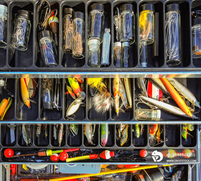 Assortment of freshwater fishing lures and equipment in tackle box