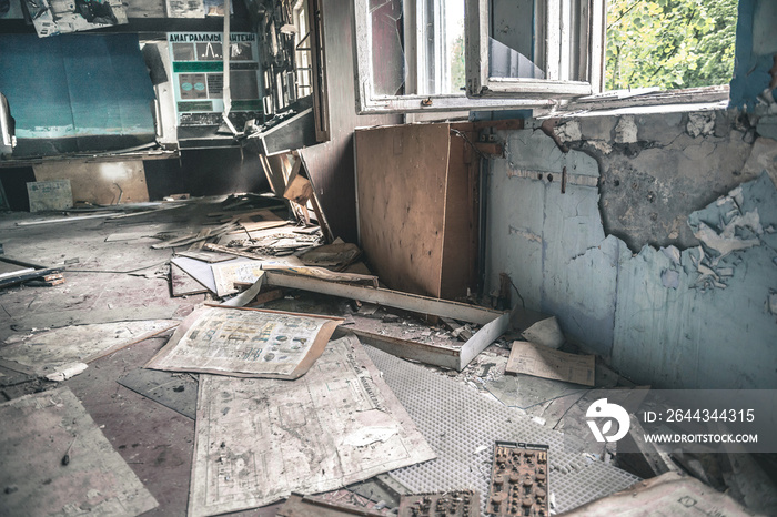 deserted technical room in mess in Pripyat