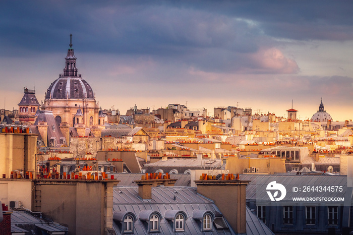 Quarter latin parisian roofs at golden sunrise Paris, France