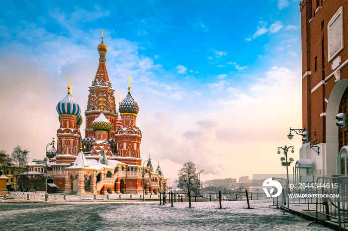 Moscow. Russia. Winter St. Basil’s Cathedral. Pokrovsky Cathedral. Winter Red Square. Russian cities. Russian architecture Moscow monuments. Moscow capital of Russia.