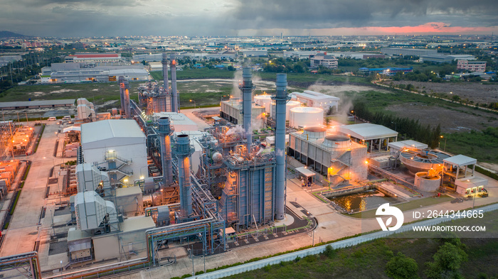 Aerial view Gas turbine electrical power plant in industrial Estate. Power plant at sunset.