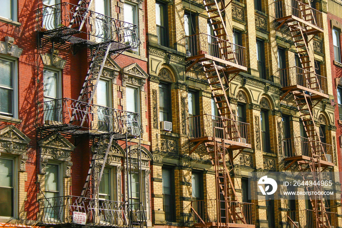 New York Typical Building Facades With Fire Escape Stairs