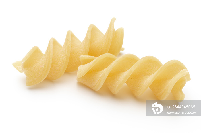 Italian twisted pasta fusilli isolated on white background. Fusilloni, rotini.