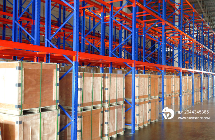 Interior of storage warehousing tall shelves, Industrial warehouse service and logistics